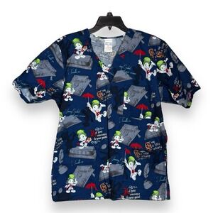 Disney Women Scrub Top Size S Pinocchio Fairy Jiminy Cricket Blue